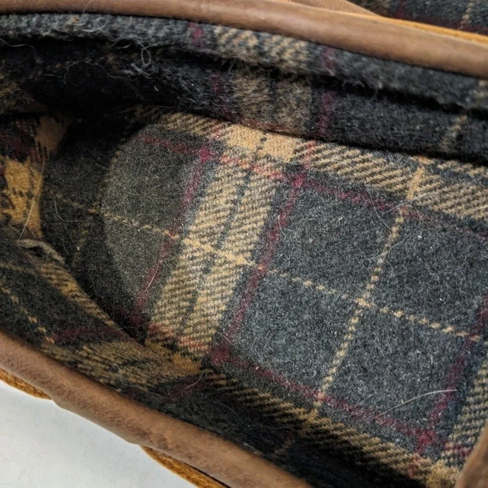 LL Bean Mens Leather Moccasin Slippers Brown Plaid Flannel Lined Size 12